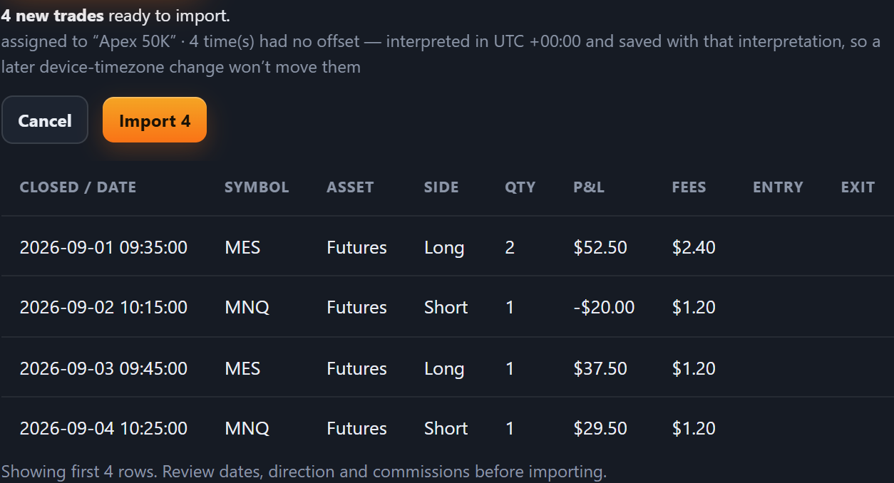 A real Anvil CSV import preview using sample trades